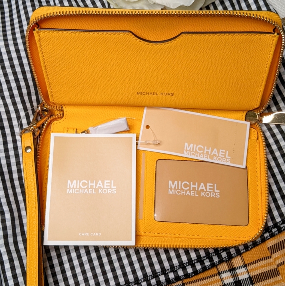 Michael Kors Leather Sunflower Yellow Large Wallet Phone Wristlet Carryall